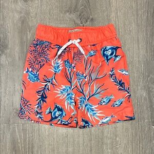 Kids Coral Reef Swim Trunks with Blue Fish Print